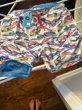 Men's White Jet Ski Print Swim Trunks with Blue Liner